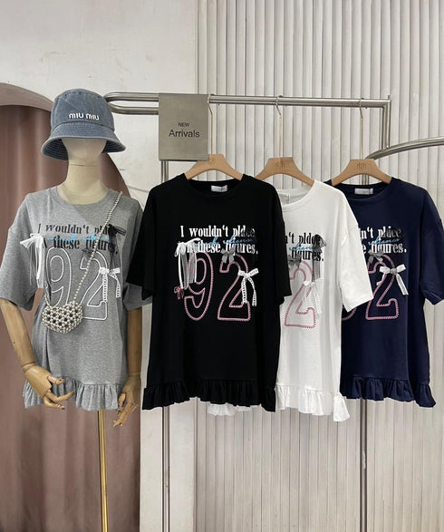 Women Casual Printed Bows Decor Frill Border T-Shirts